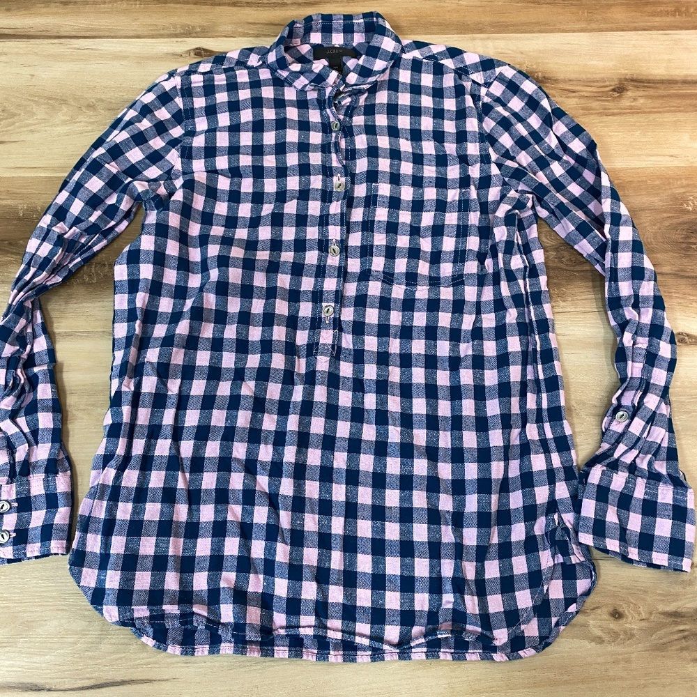 J Crew Popover Shirt Womens 00 Gingham Plaid Pink Blue Top